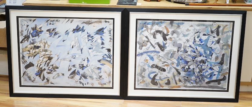 After Nino Mustica (Italian, 1946-2018), pair of colour prints, Abstract compositions, 59 x 80cm. Condition - good